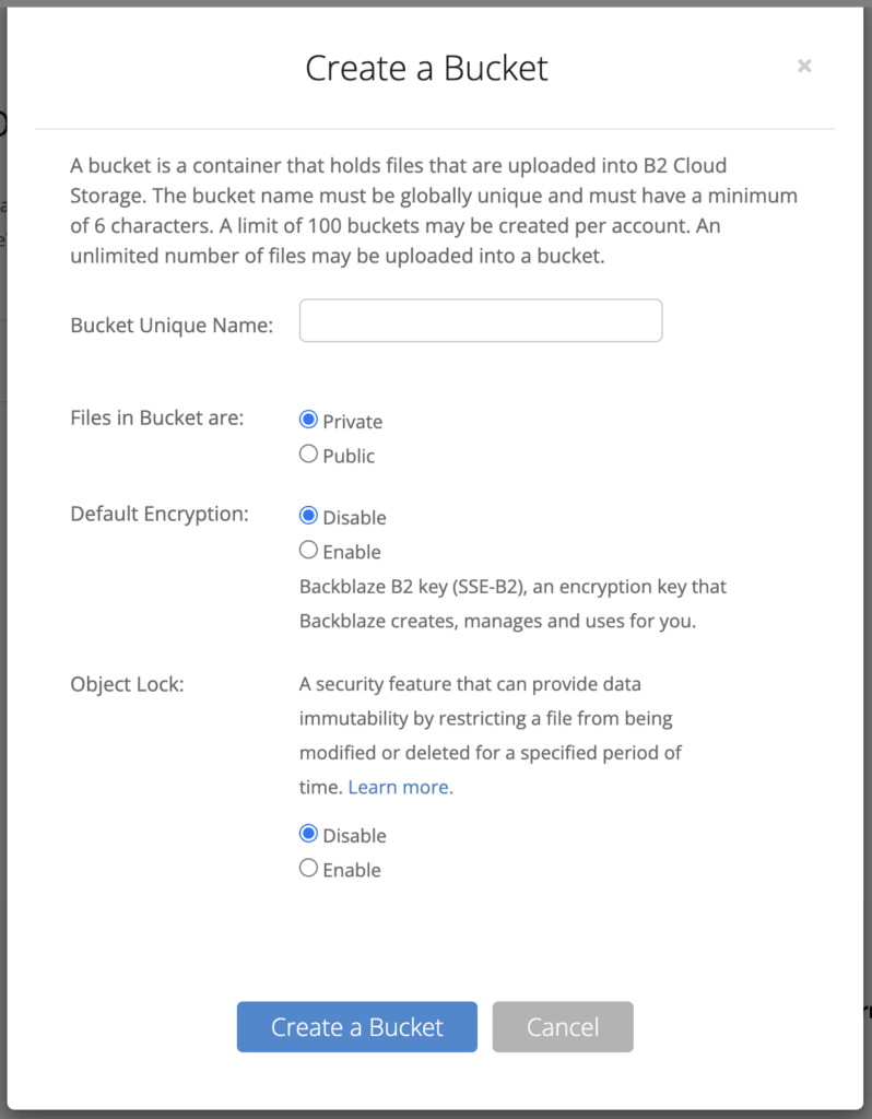 A screenshot shows how to create a bucket via Backblaze.