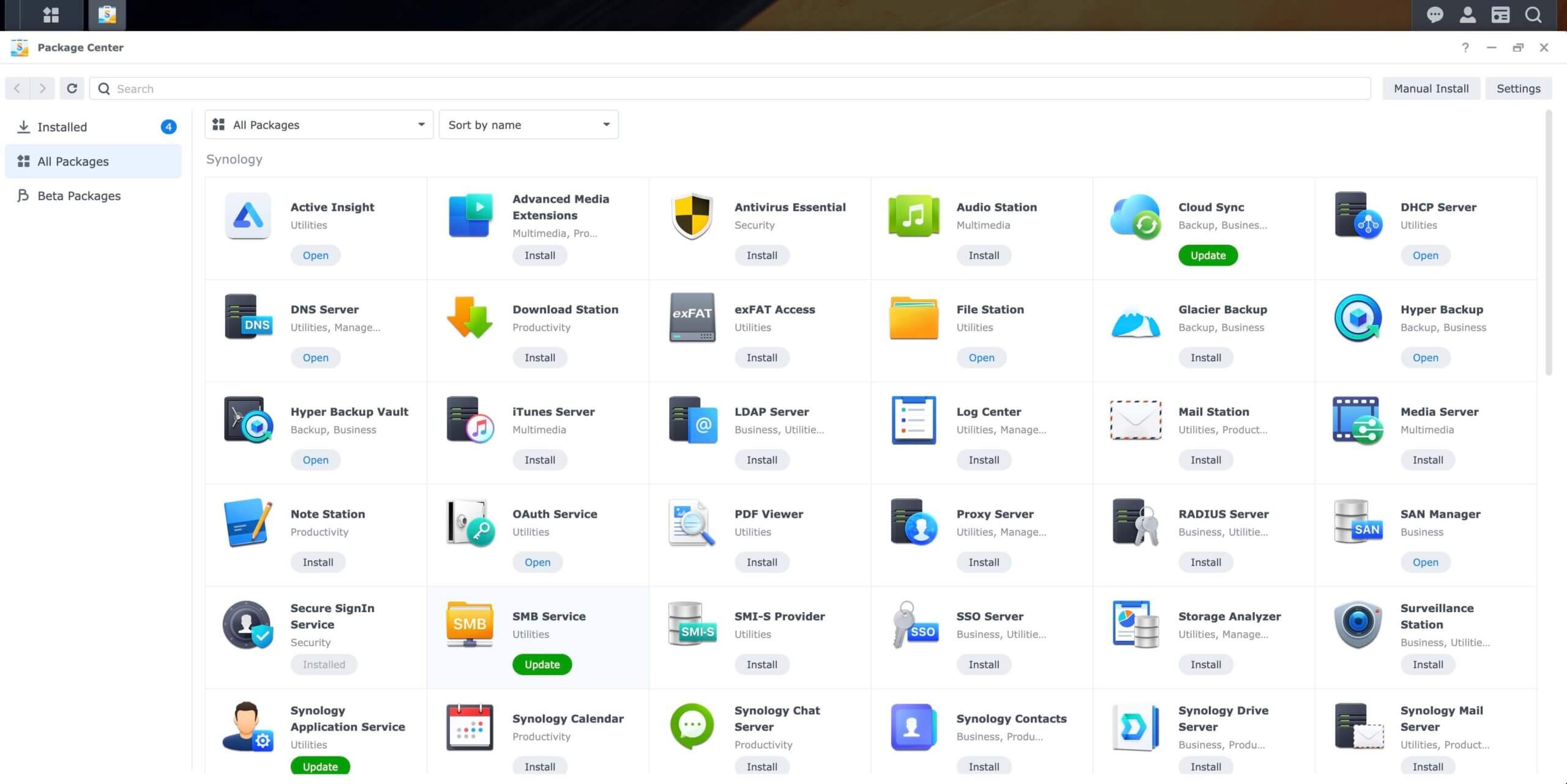 A screenshot of the Synology add-on marketplace. 