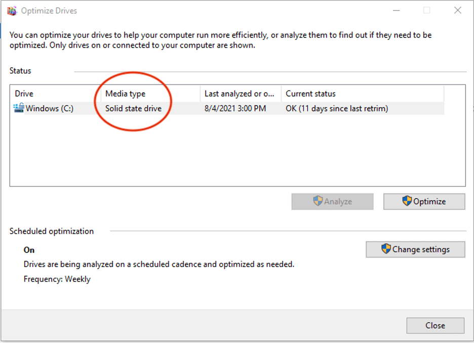 A screenshot of the Optimize Drives panel in Windows. It shows a solid state drive under media type.