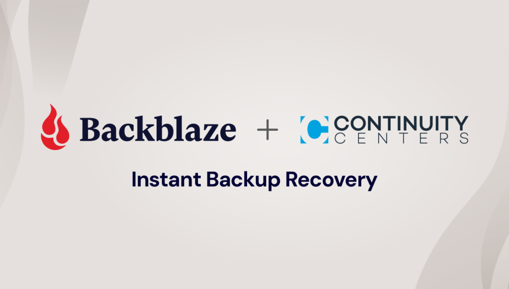 A decorative image showing the Backblaze and Continuity Centers logos above the text Instant Backup Recovery.