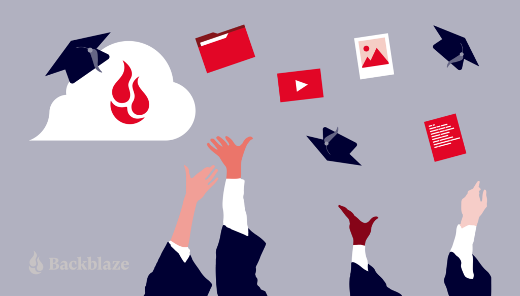 A decorative image showing files and graduation caps being thrown into the Backblaze cloud.