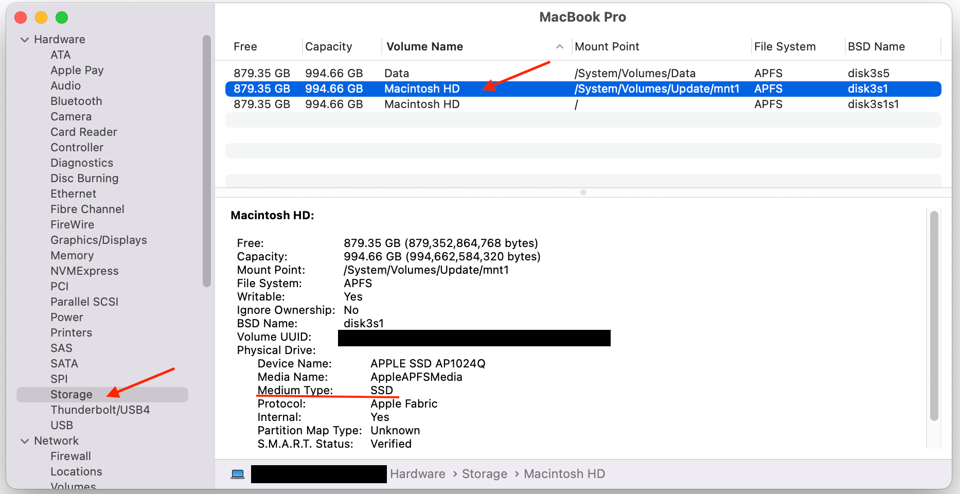 A screenshot showing where to find the media type of your hard drive on a Mac, under the storage tab. 