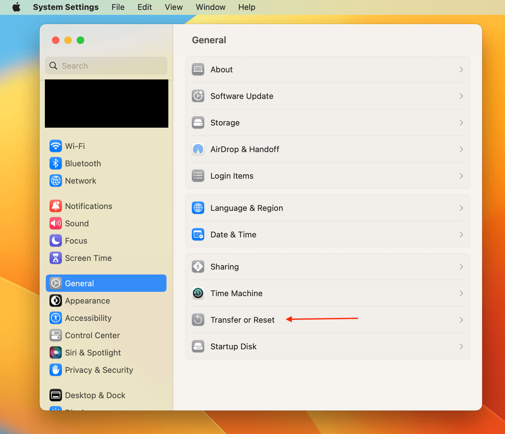 A screenshot showing where to find Transfer or Reset on a Mac.