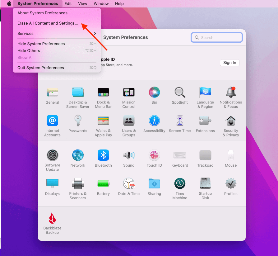 A screenshot showing where to find Erase all content and settings in the Apple menu. 