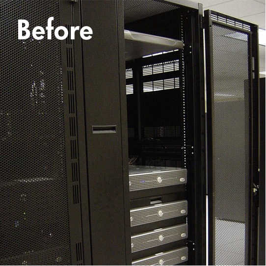 A photo of a server stack without blanking panels. There are large empty gaps between the servers. 
