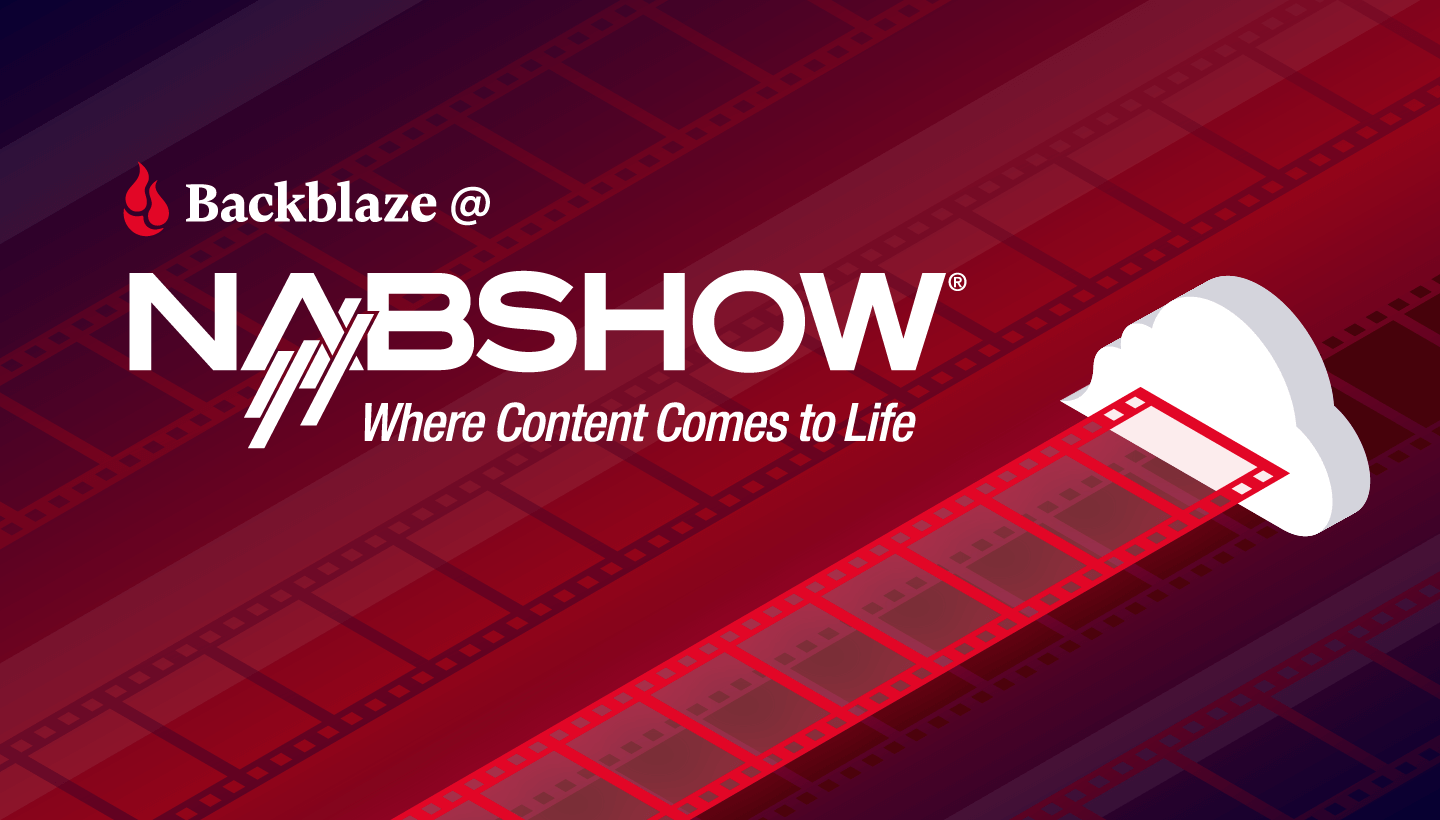 A decorative image showing a film strip flowing into a cloud with the Backblaze and NAB Show logos displayed. 
