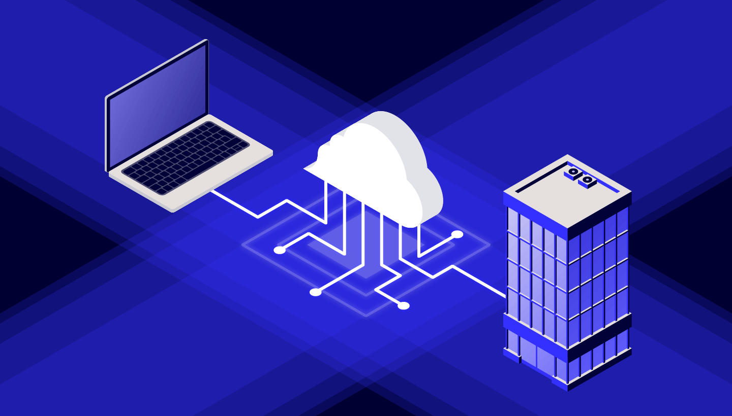 A decorative image showing a computer, a cloud, and a building. 