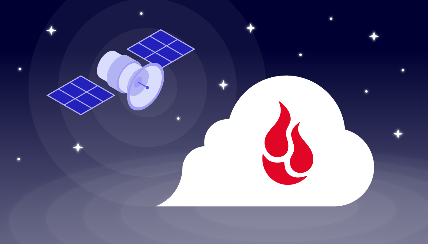 A decorative image showing a satellite and the Backblaze logo on a cloud in space. 