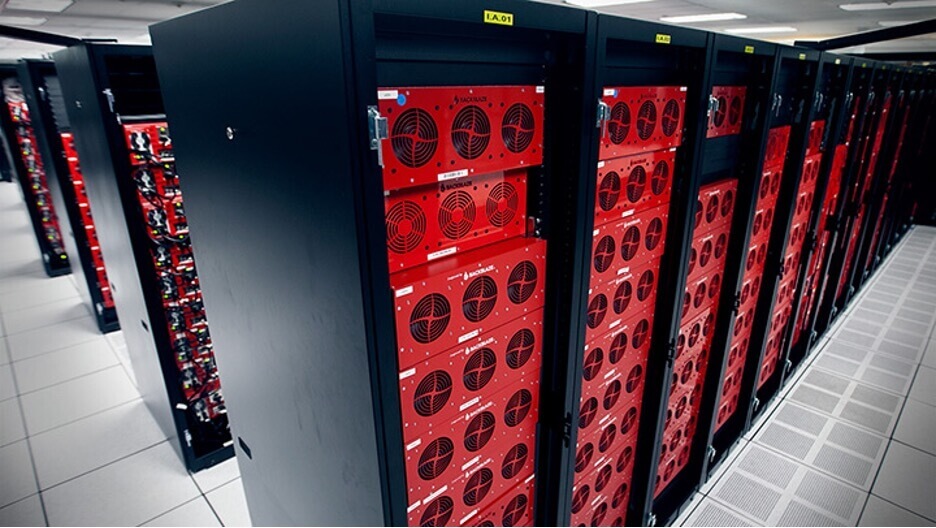 A photo of Backblaze servers in their signature red color. 