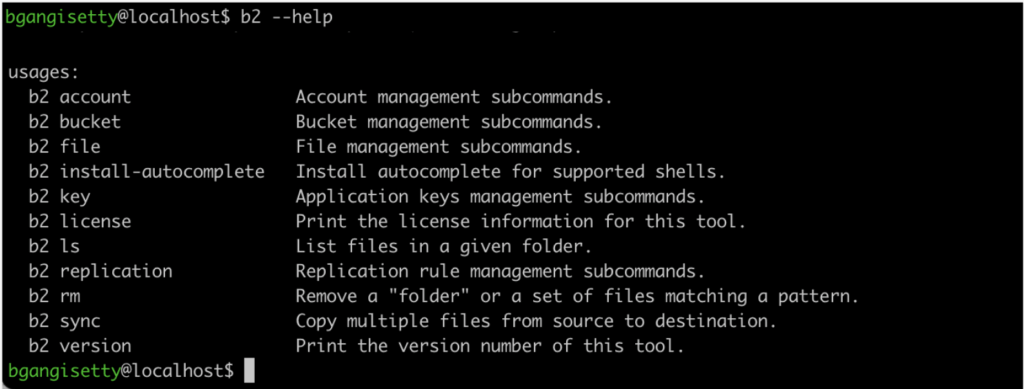 An image listing the usage tags for the Backblaze B2 CLI