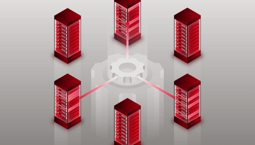 An illustration of six server racks connected to a gear icon.