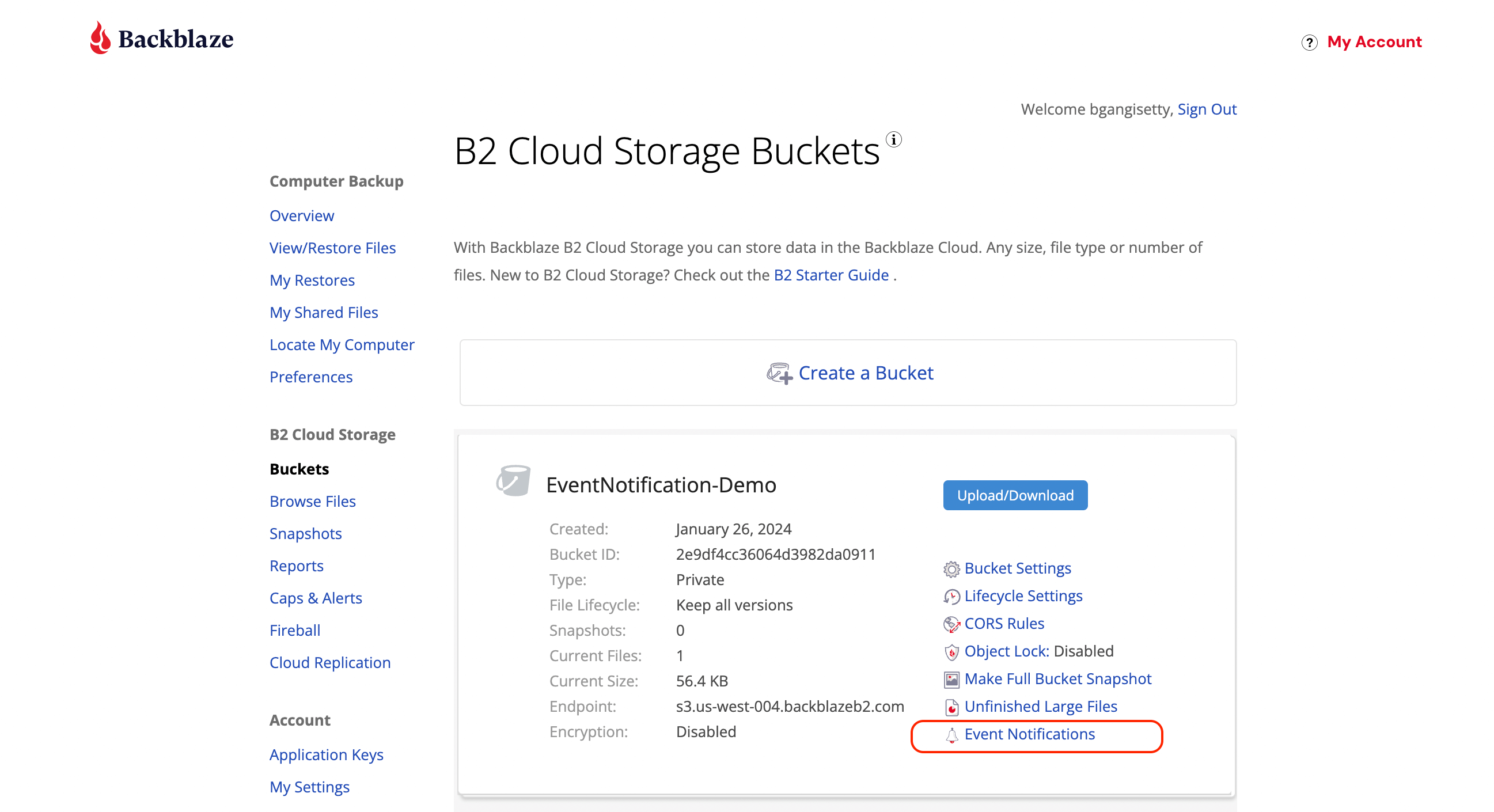 A screenshot of the Backblaze account portal showing where you can enable Event Notifcations.