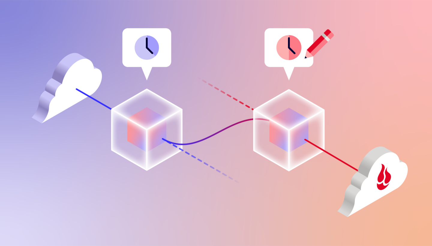 A decorative image showing two cubes, representing data, moving from cloud to cloud. There are clocks above each cube.