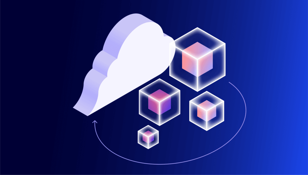 An illustration of a cloud with boxes representing data uploading to the cloud.