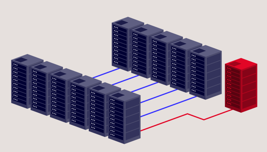 A decorative image showing several servers connected to the same network. 