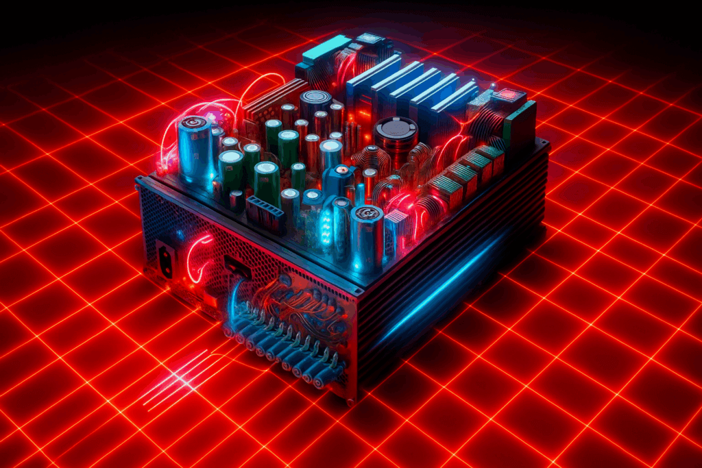 An AI generated image of an evil AI with lasers. 
