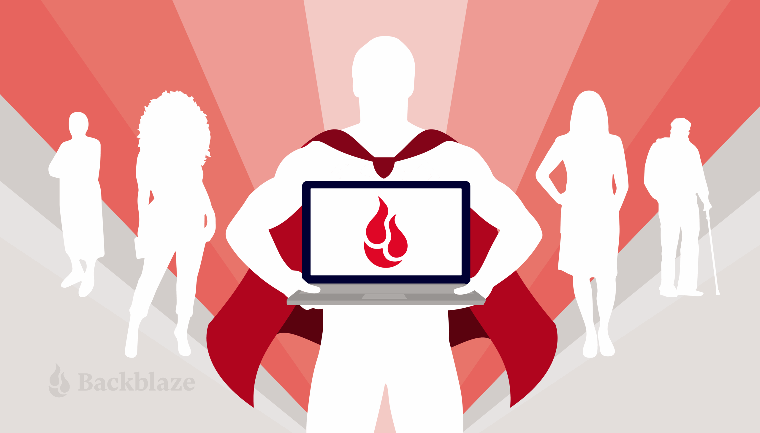 A decorative image showing a Backblaze superhero holding a computer. 