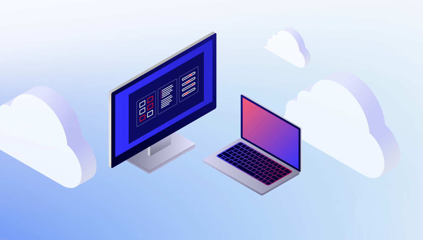 A decorative image showing devices on a cloud background. 