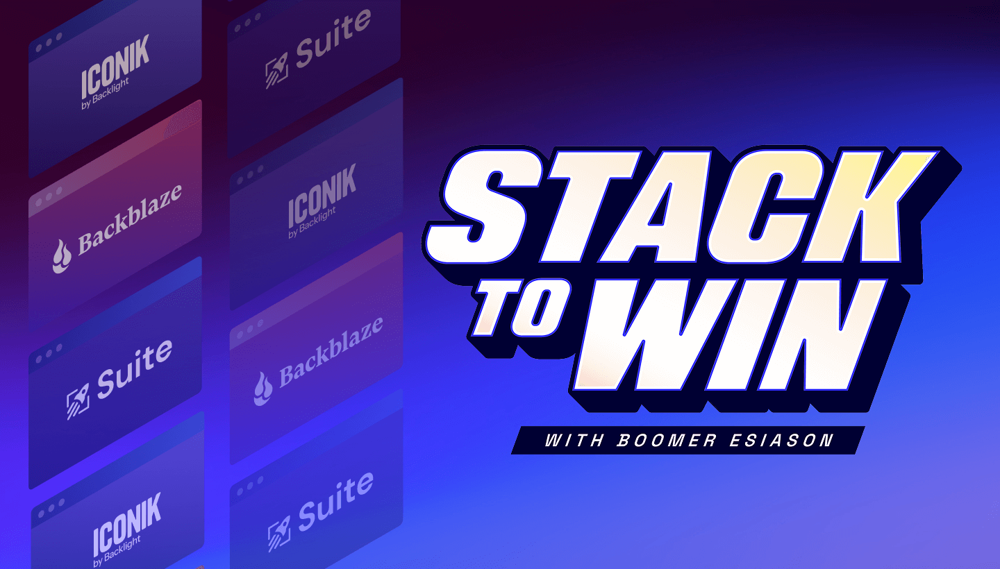 A decorative image showing the text Stack to Win with Boomer Esiason. In the background, the logos for Backblaze, Suite Studios, and Iconik are displayed on media screens. 