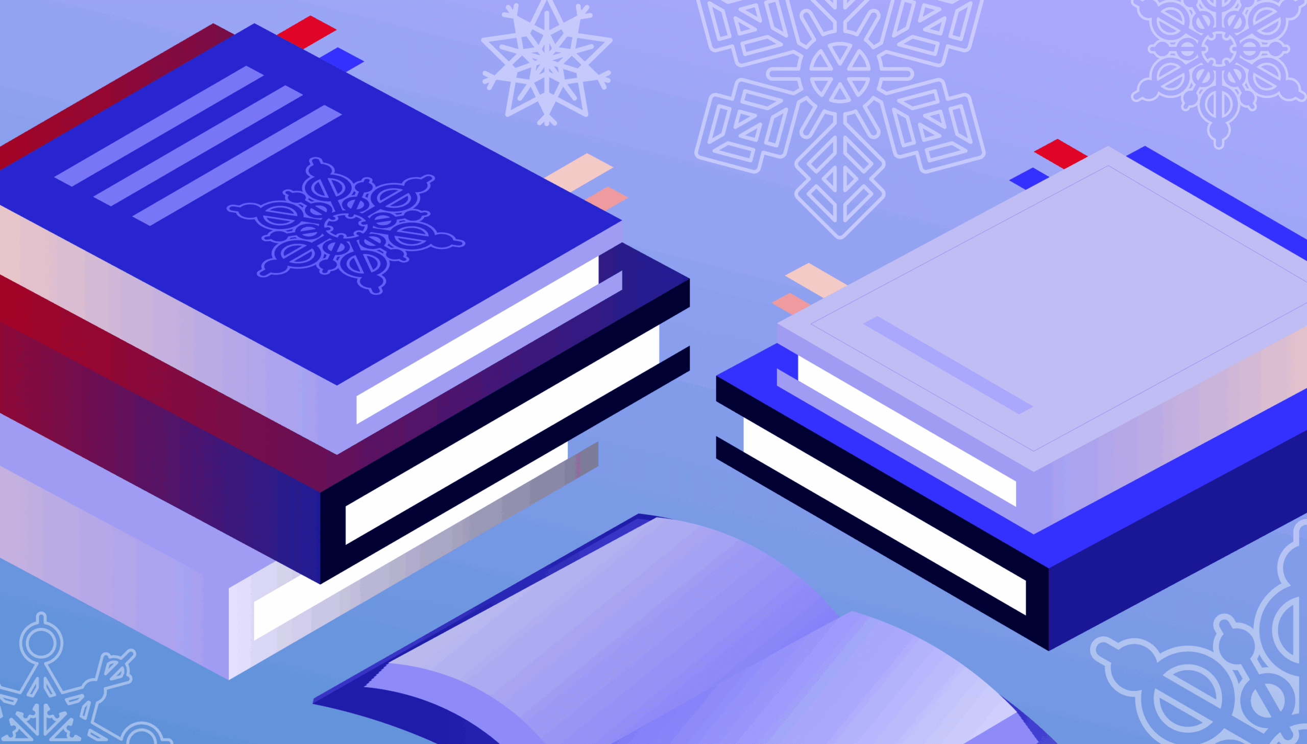 A decorative image showing several books on a holiday background. 