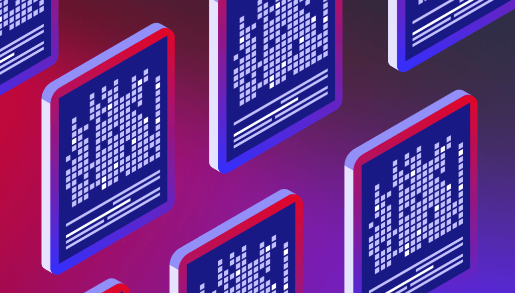 Isometric illustration of multiple monitors displaying pixelated data visualizations in a purple, blue, and red color scheme, representing generative AI media pipelines.