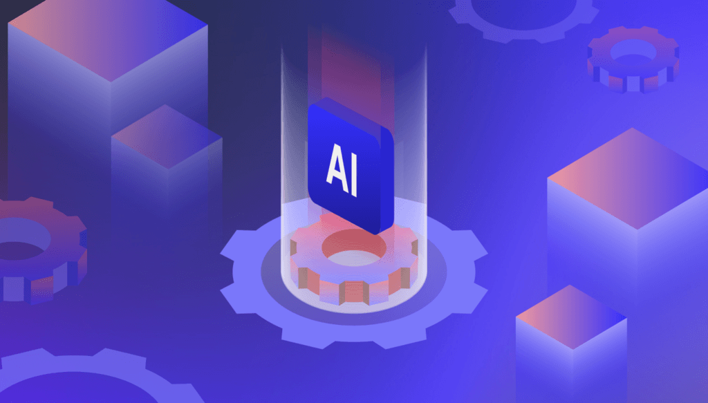 An illustration of gears, boxes, and a graphic that says AI.