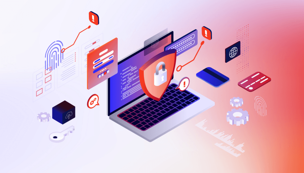 An illustration of laptops and security badges